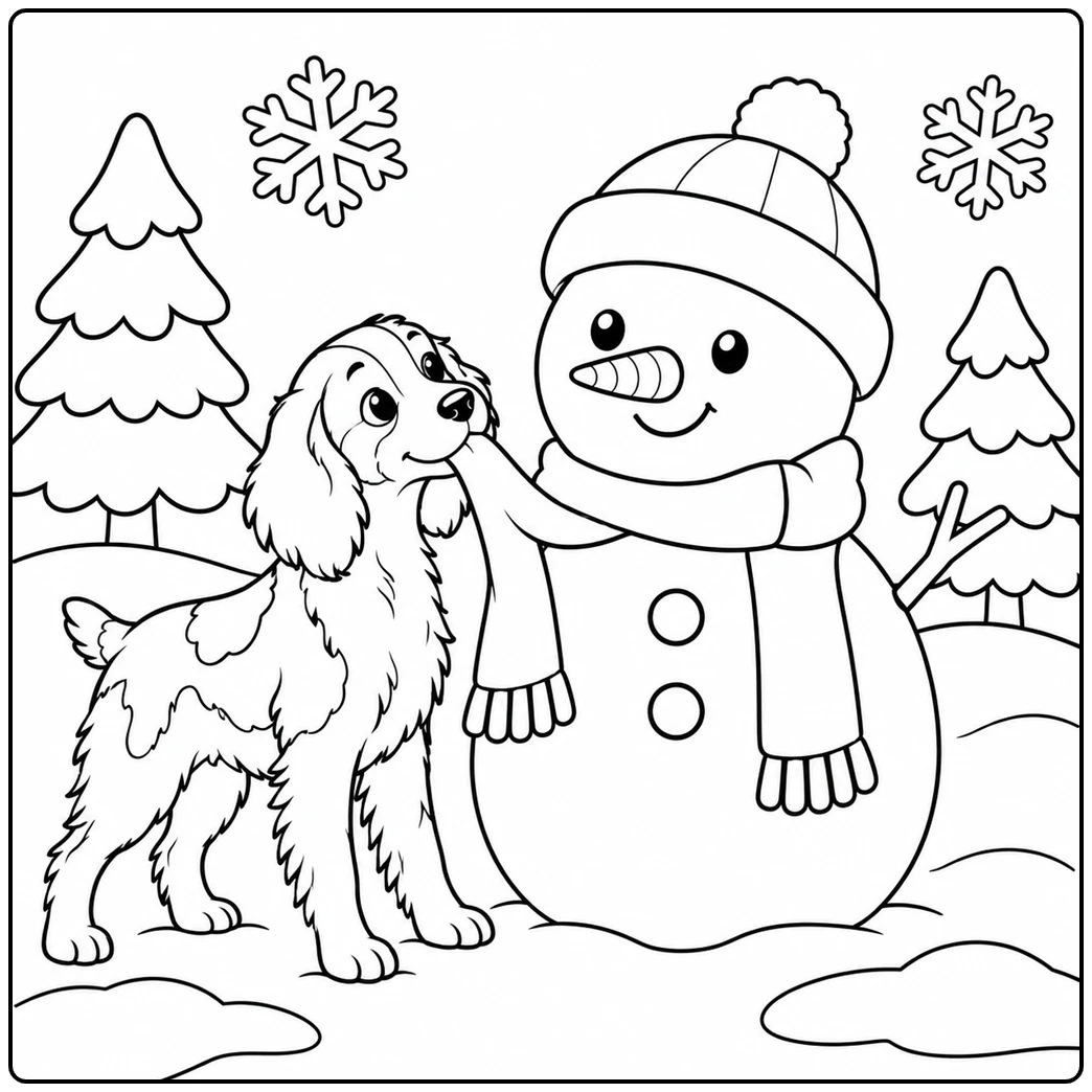 Brittany Spaniel stands beside a snowman wearing a hat and scarf in a snowy yard