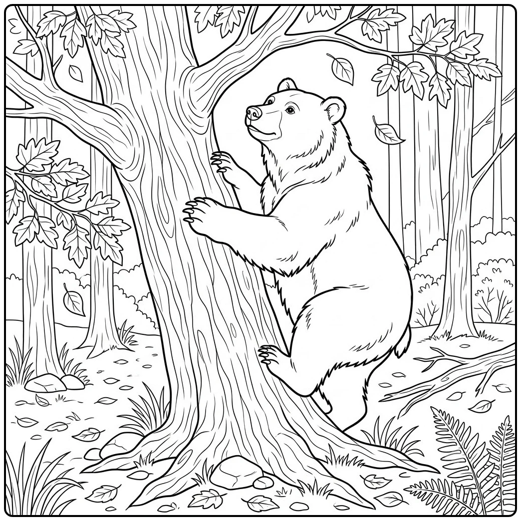 Large brown bear climbing a broad tree trunk among falling autumn leaves