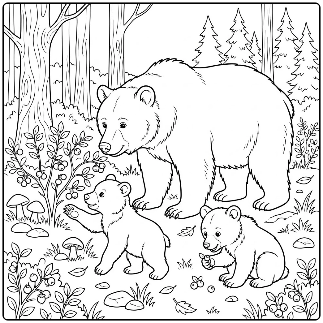 Forest family scene on a brown bear coloring page with cubs picking berries