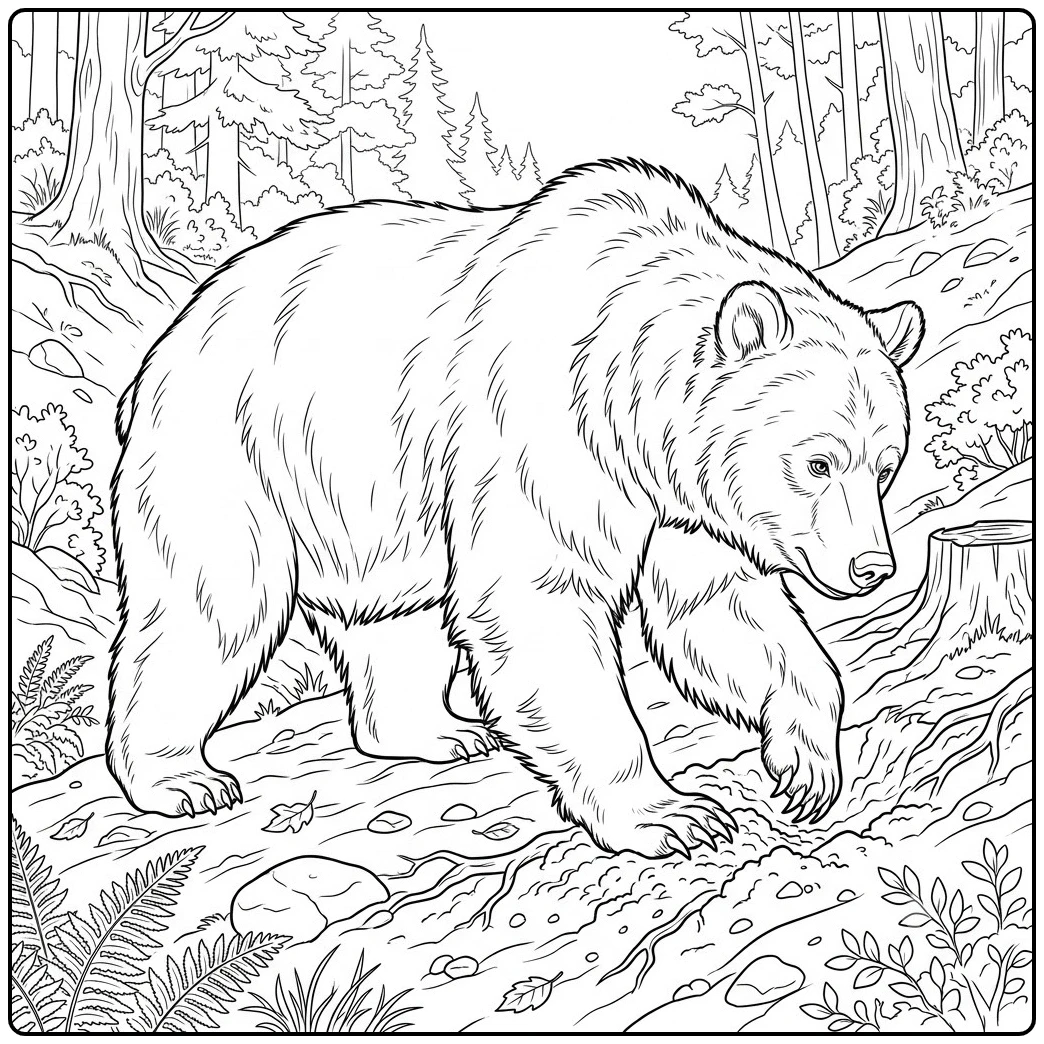 ealistic brown bear digging into a forest hillside near roots, rocks, and ferns