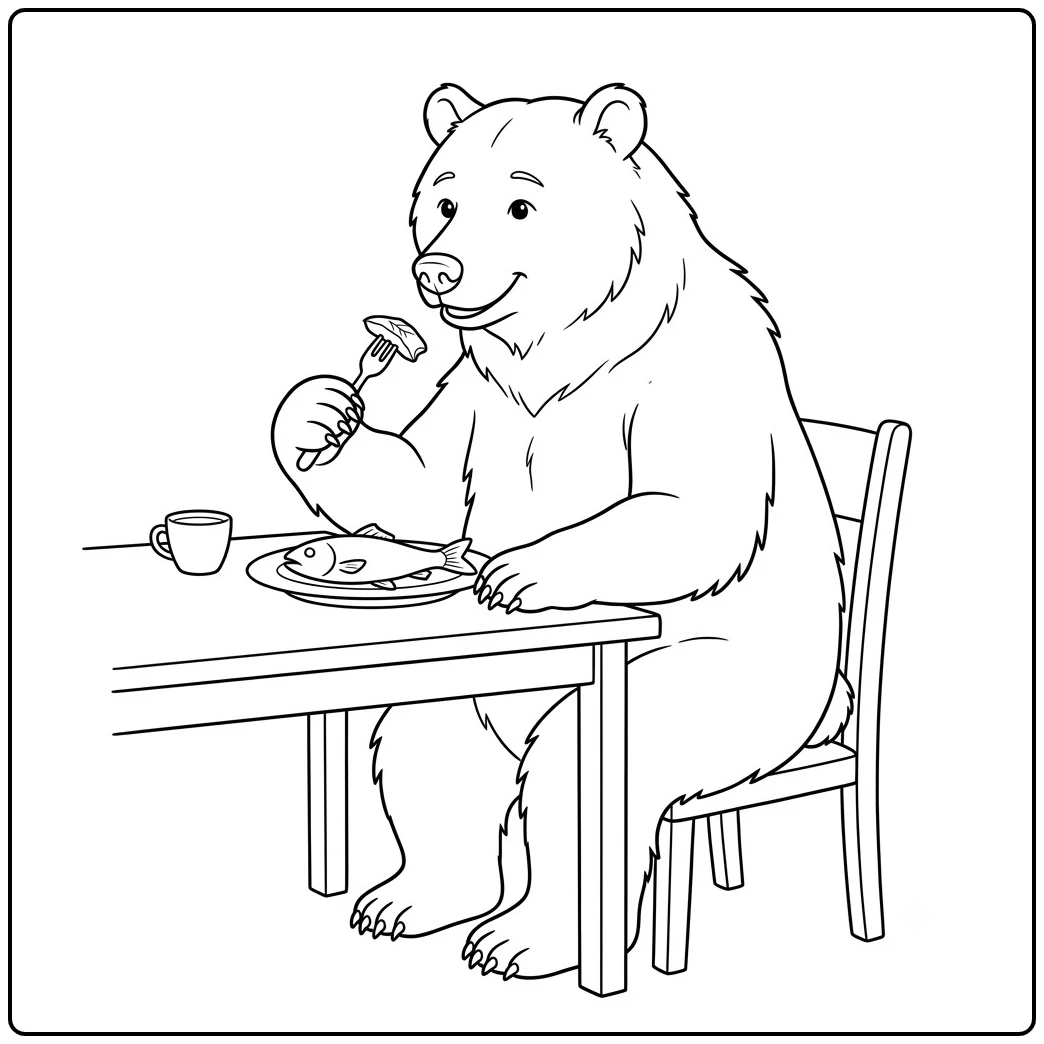 Anthropomorphic brown bear eating fish with a fork at a simple dinner table