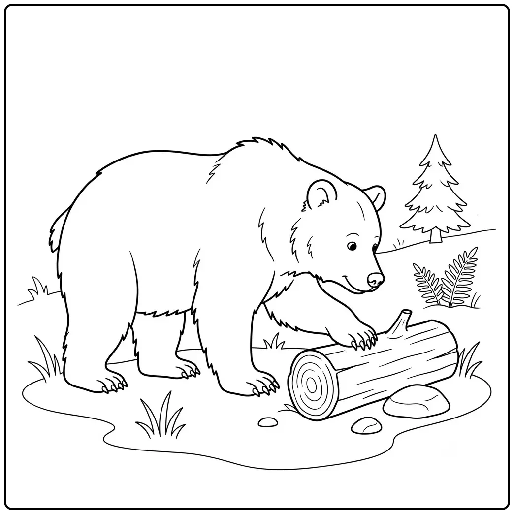 Forest scene from a brown bear coloring page, with a bear pushing a fallen log