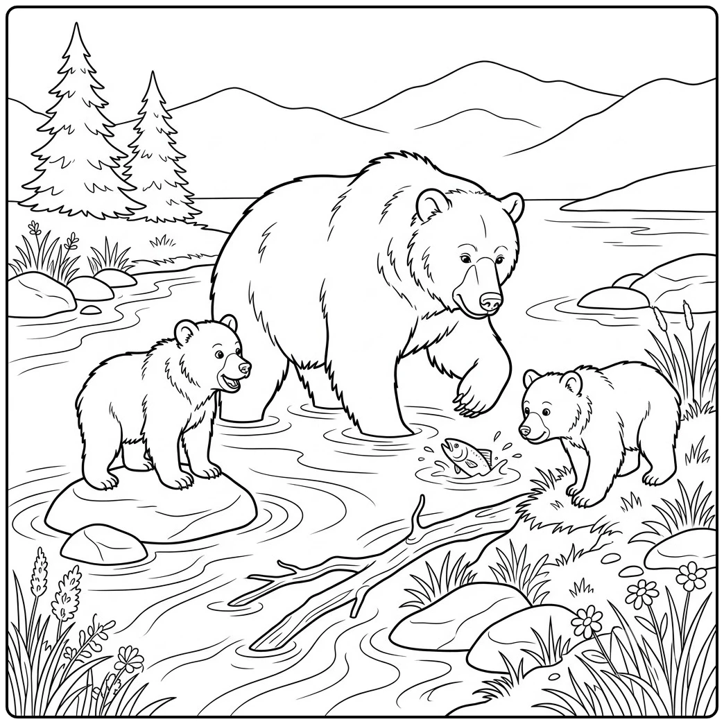Mother brown bear and two cubs gather around a jumping fish in a mountain stream