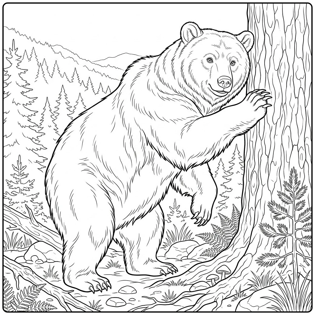 Tree-rubbing brown bear coloring page set in a detailed mountain pine forest