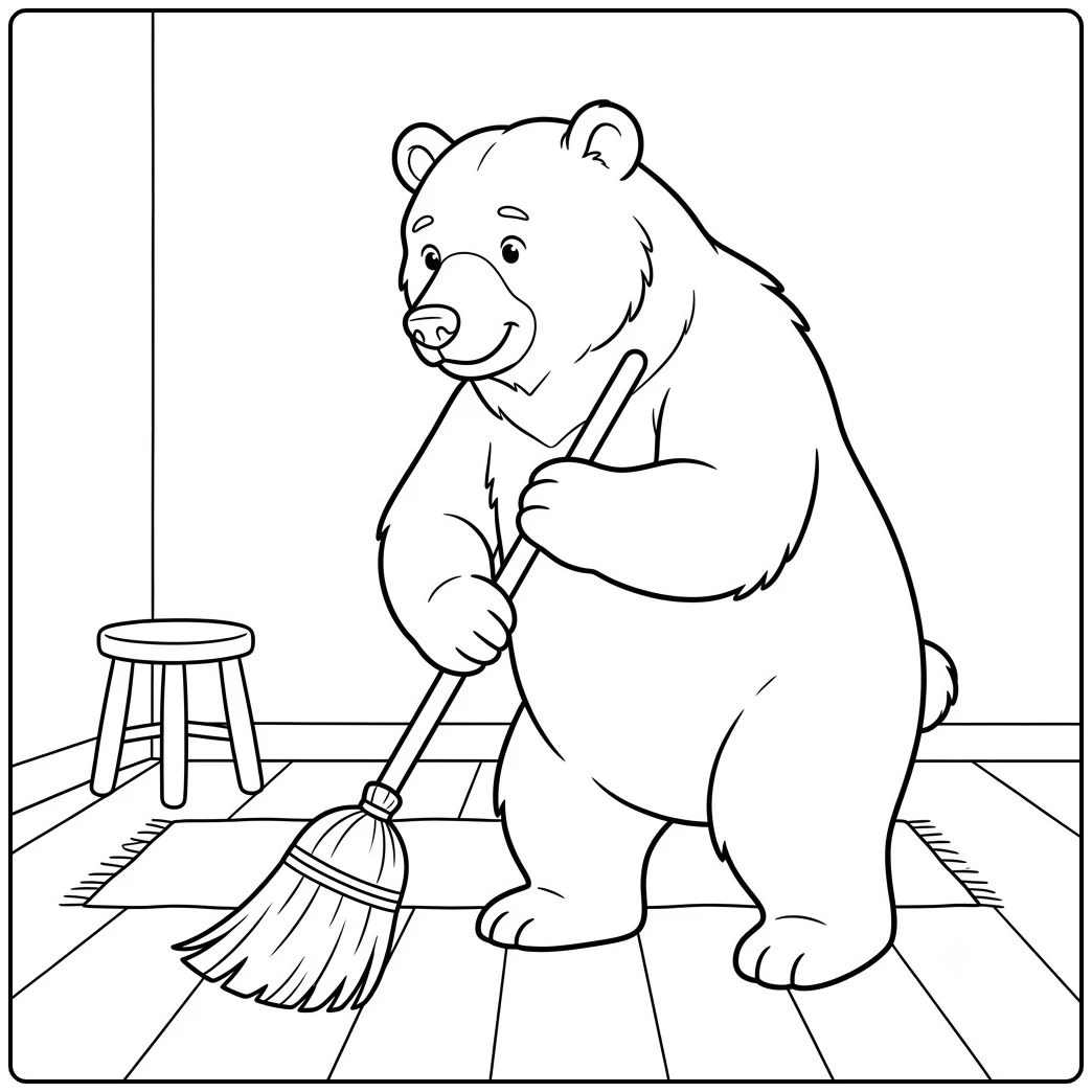Upright brown bear sweeping a wooden floor with a broom in a sparse room