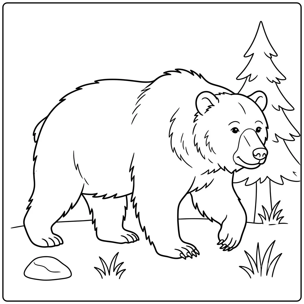 Large brown bear walking past a pine tree in a simple forest clearing