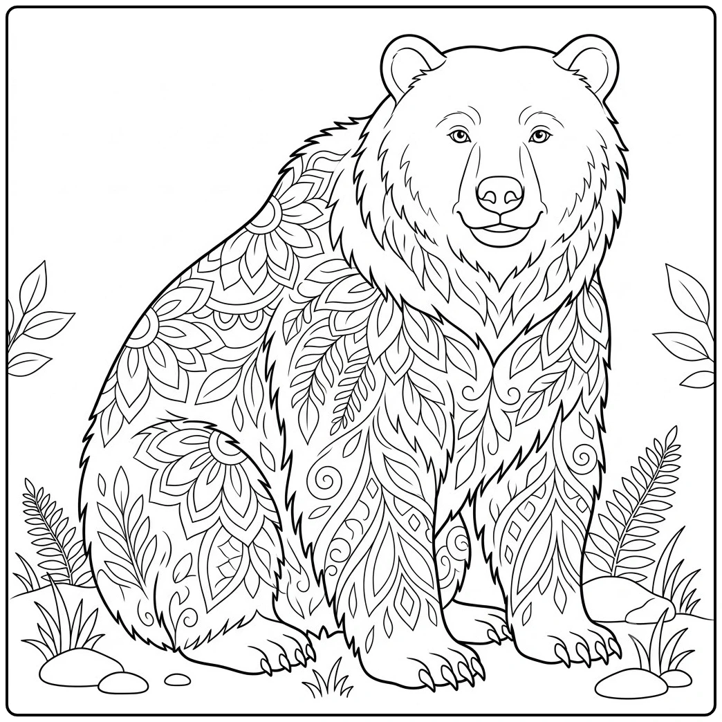 Seated brown bear coloring page with floral mandala patterns flowing across its body