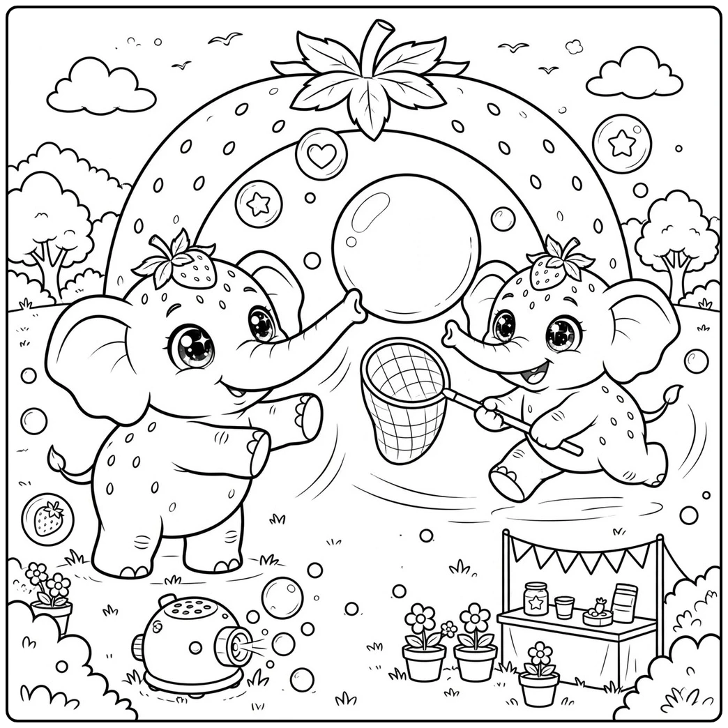Bubble play fills this strawberry elephant coloring page with two friends and a rainbow