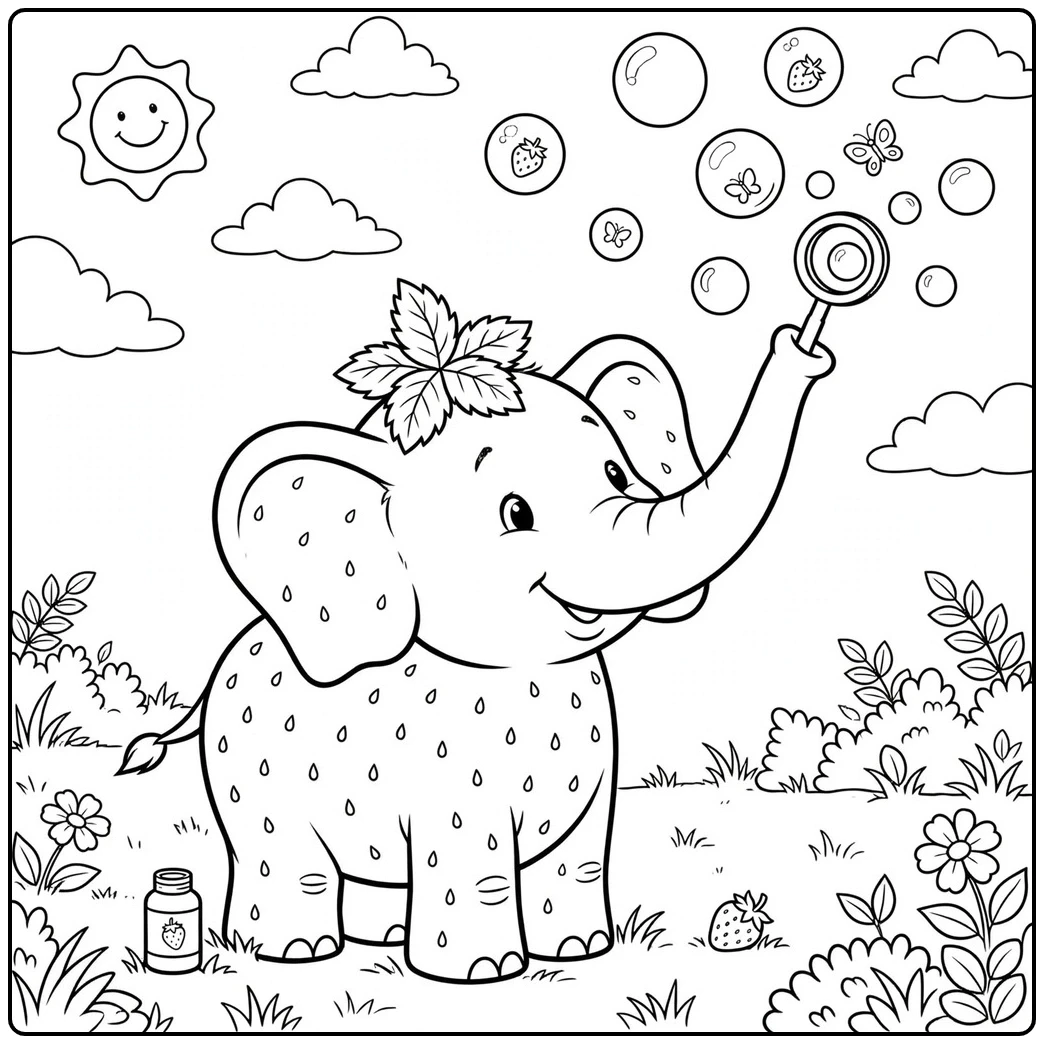 Bubble-blowing elephant lifts a wand in this strawberry elephant coloring page garden scene