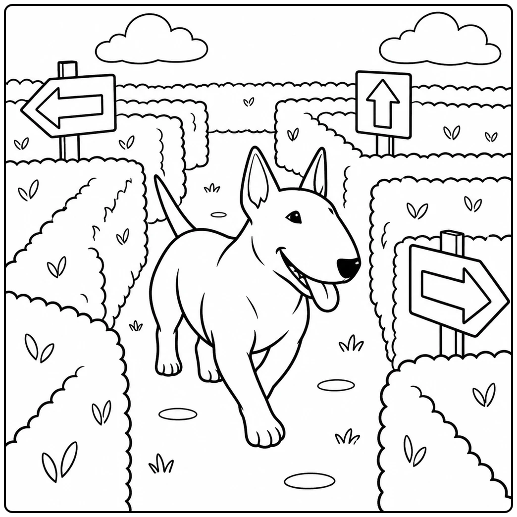 Happy Bull Terrier walks through a hedge maze marked by large arrow signs