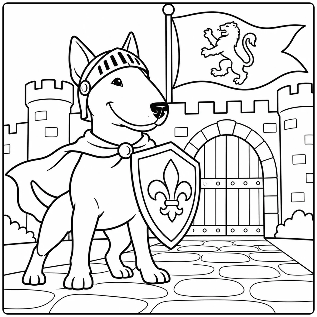 Knight-themed bull terrier coloring page with a shield before a large castle gate