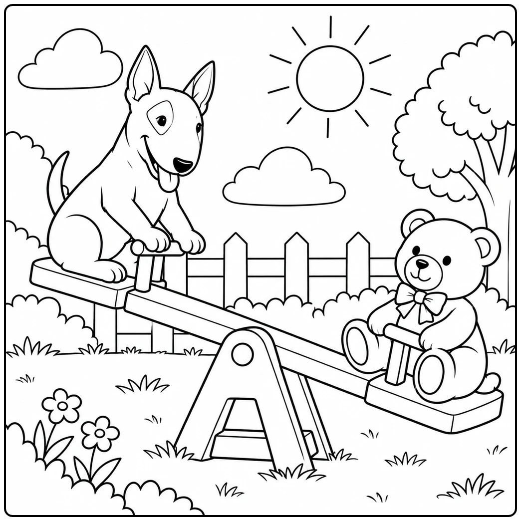Bull Terrier rides one end of a seesaw while a large teddy bear sits opposite