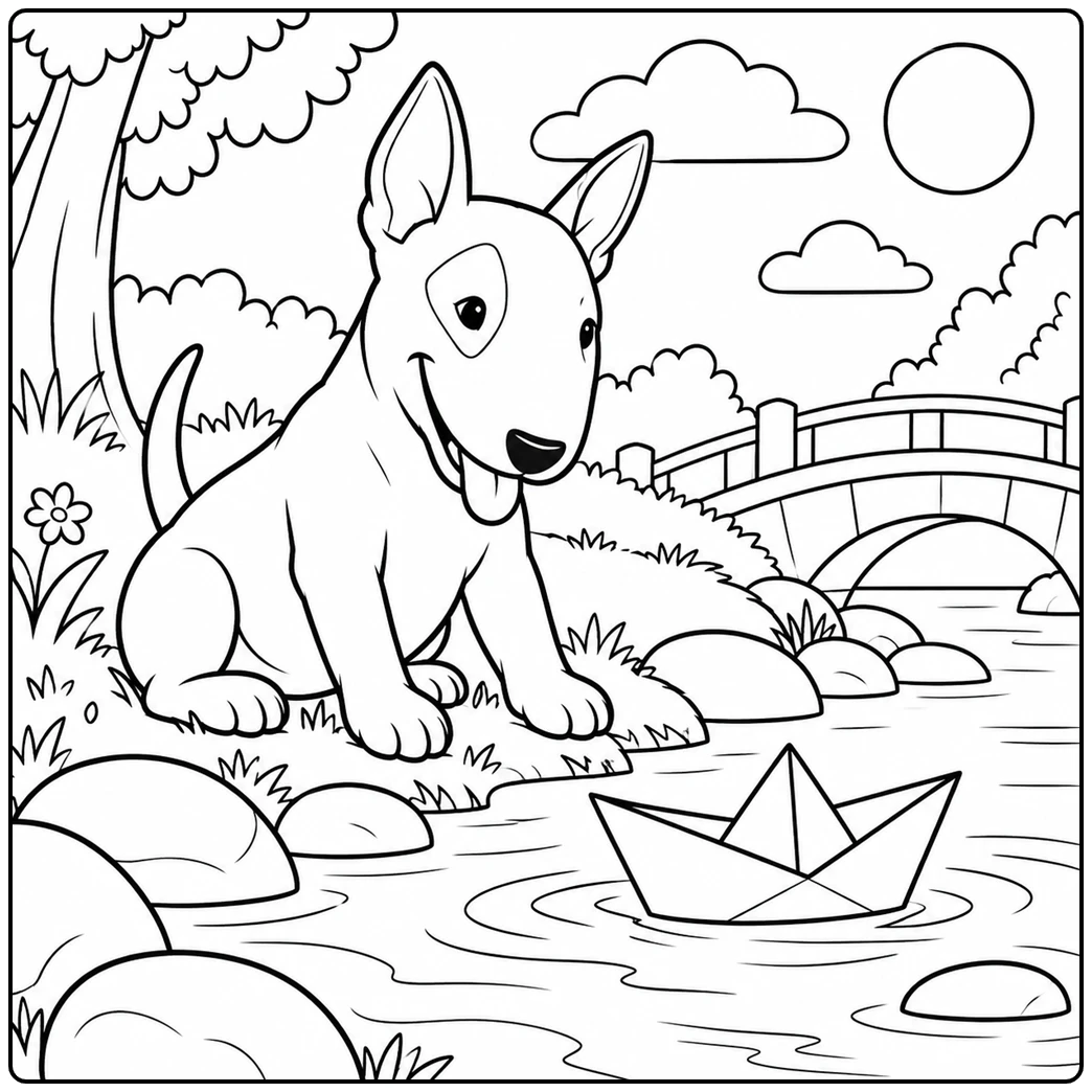 Bull Terrier sits beside a shallow stream watching a large paper boat float past