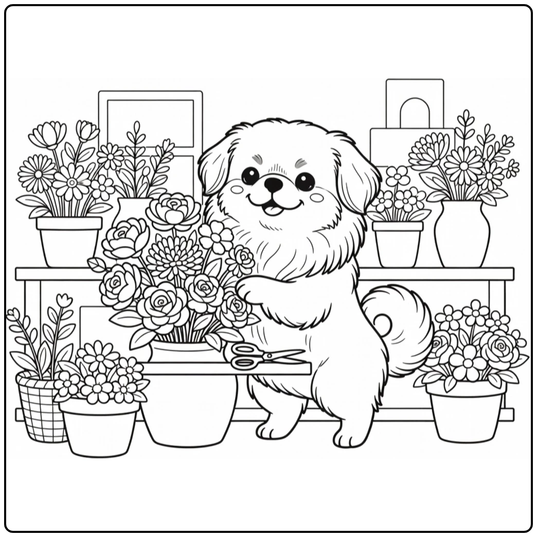 Fluffy Pekingese florist arranging flowers beside pots and a display table