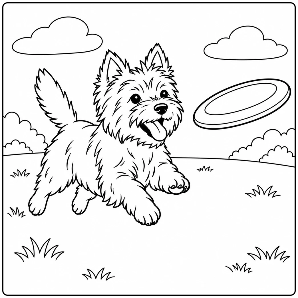 A cairn terrier coloring page shows the dog running toward a flying frisbee