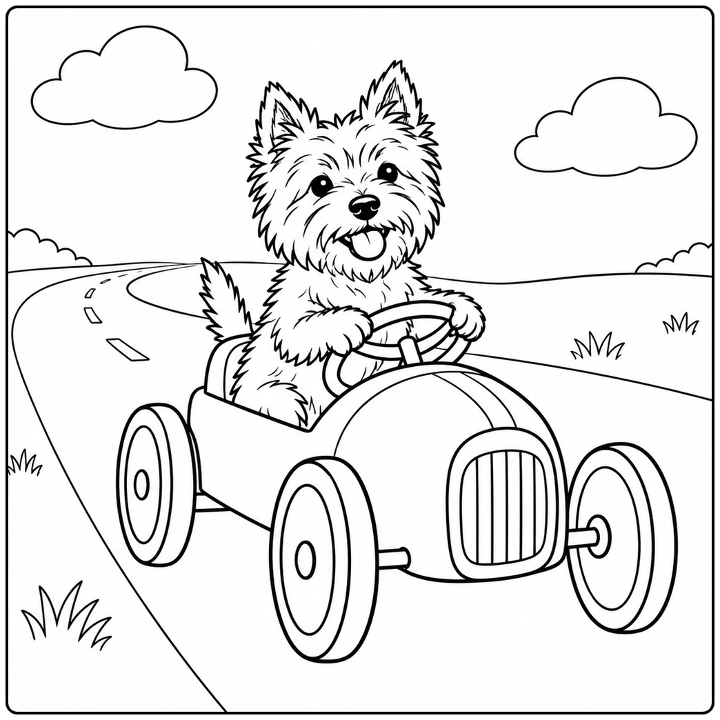Happy dog drives a four-wheel pedal car along a wide curving country road