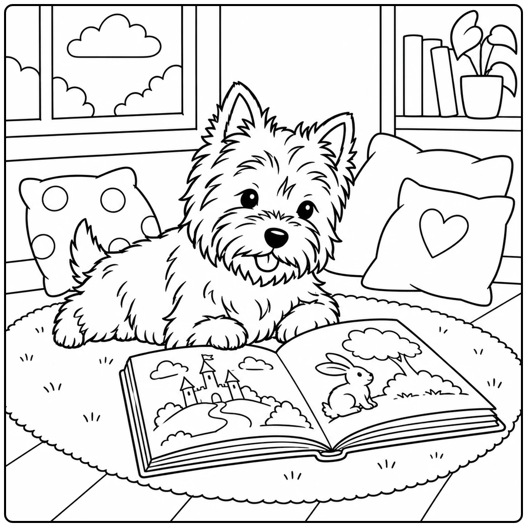 Cairn Terrier rests on a cozy rug beside an open storybook and soft pillows