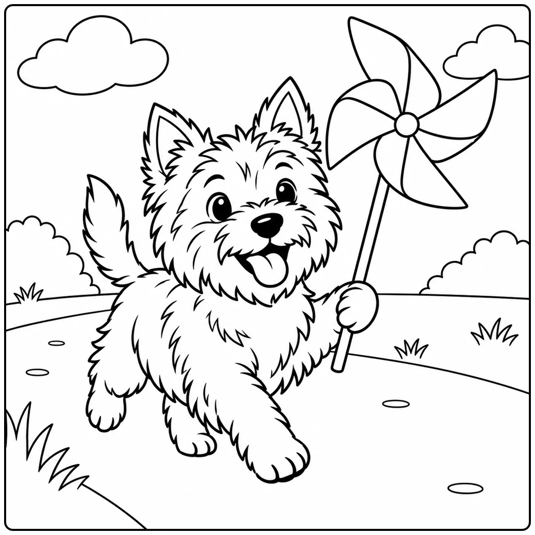 Cairn Terrier runs along a path while holding a large pinwheel under fluffy clouds