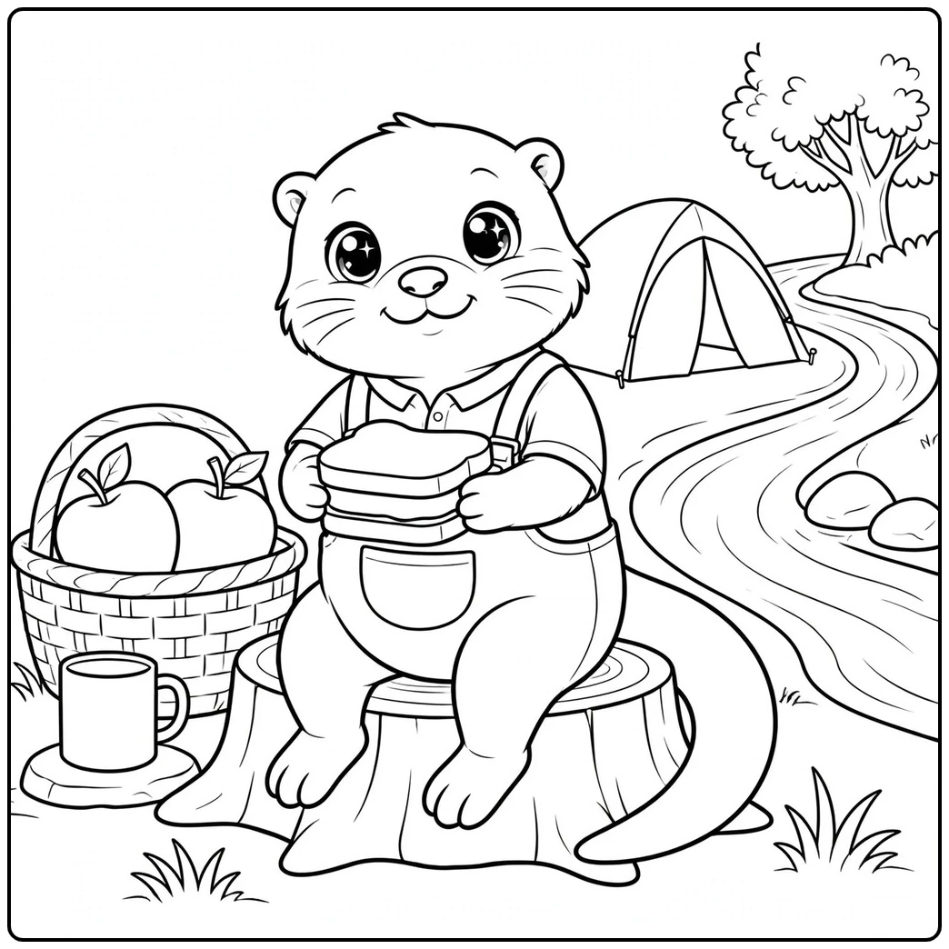 Camping otter holds a sandwich on a tree stump near a tent, stream, and picnic basket.