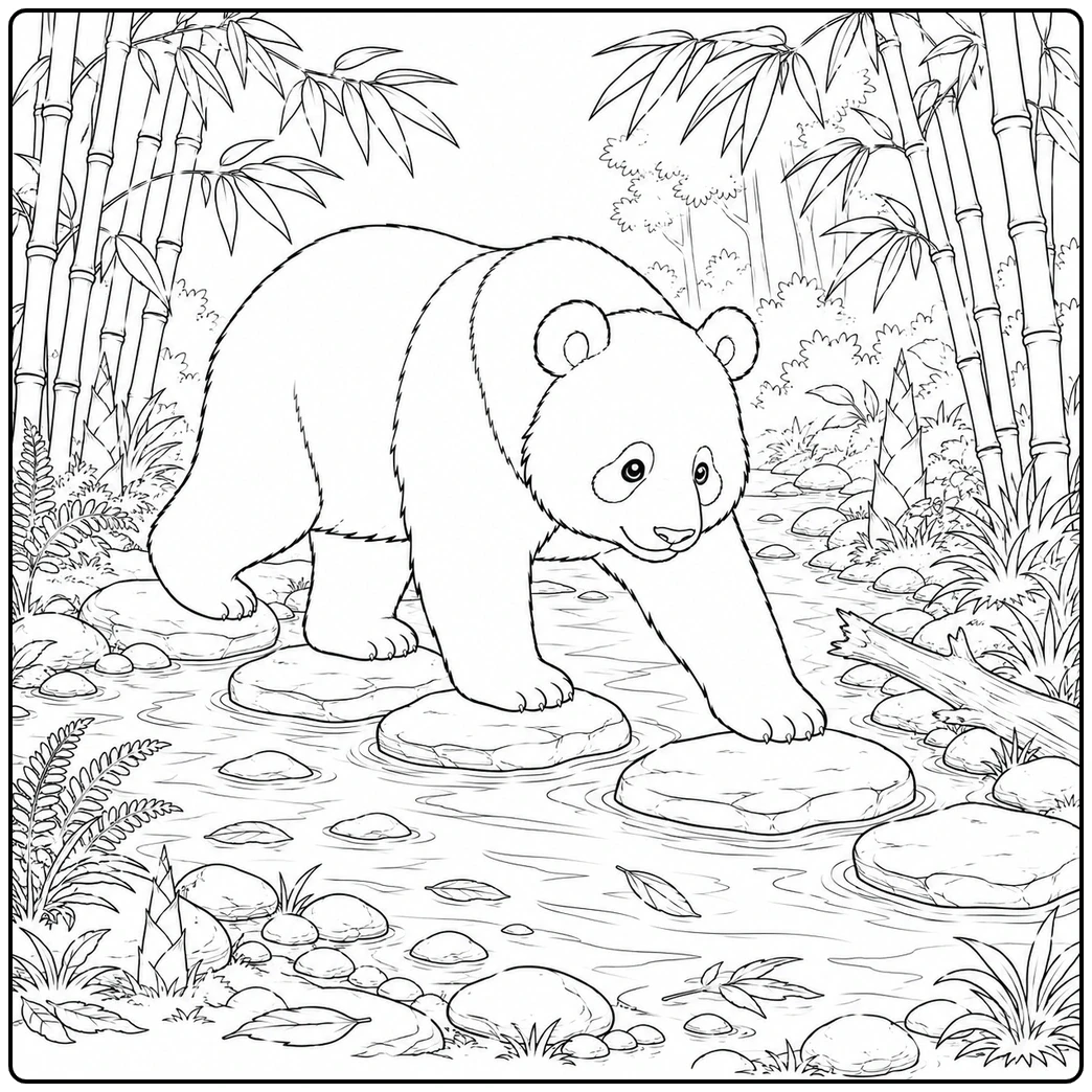 Panda bear stepping carefully across round stones in a quiet shallow forest stream.