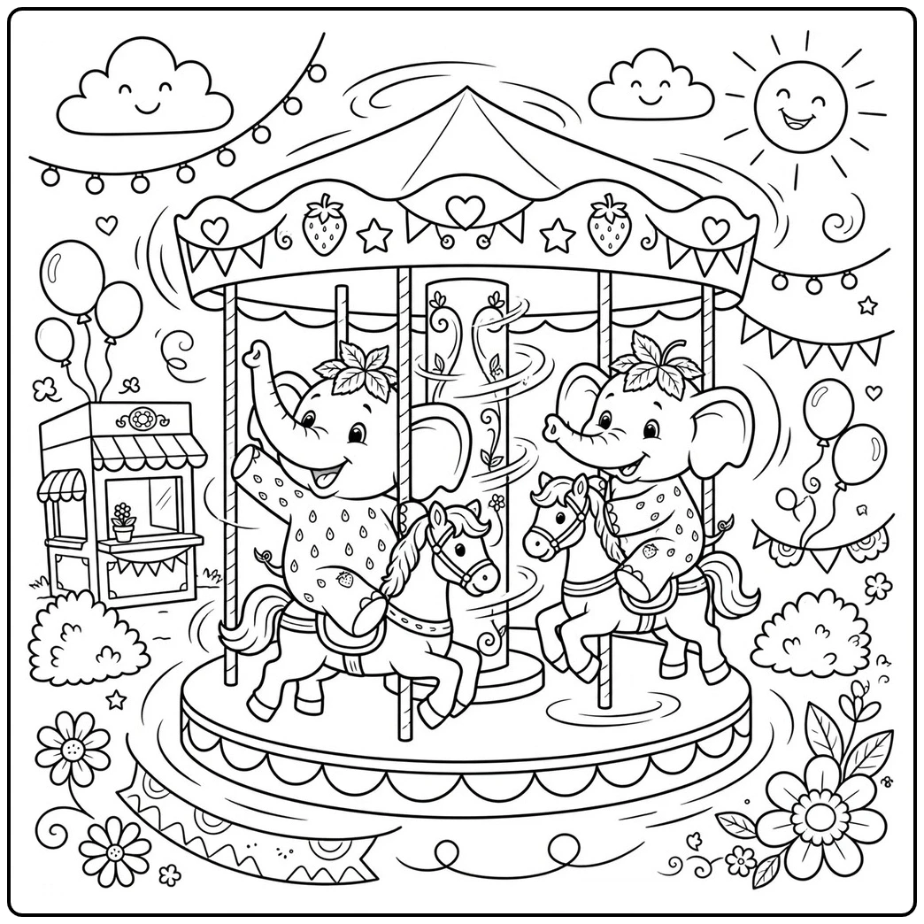 Two Strawberry Elephants enjoy carousel horses beneath a decorated fairground canopy