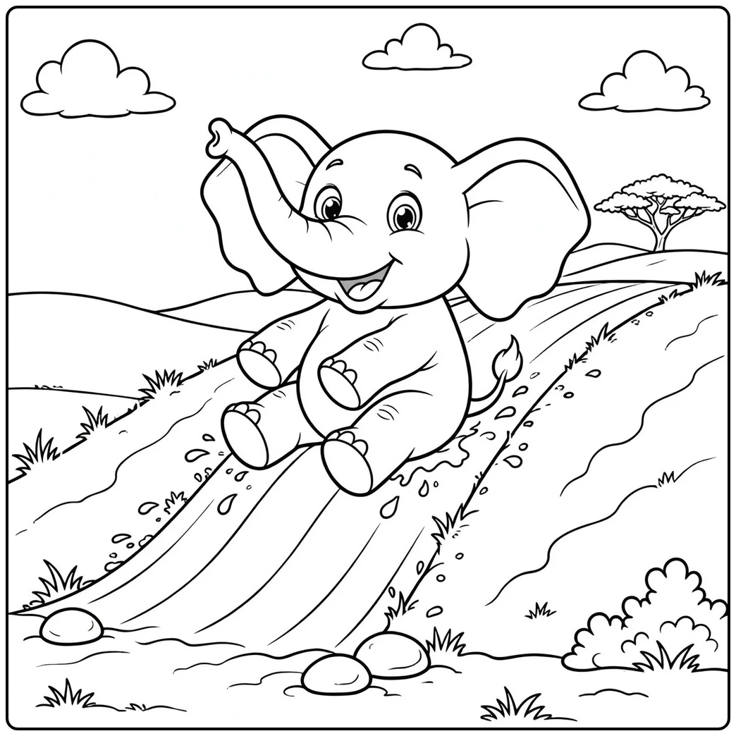 Happy calf slides down a muddy hill with its trunk raised in excitement