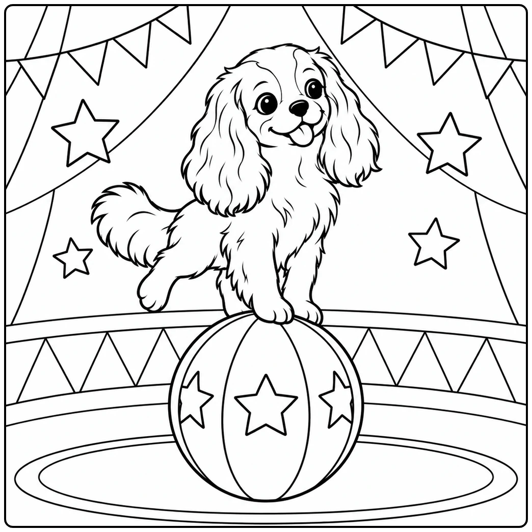 Circus-themed cavalier king charles spaniel coloring page with a dog balancing on a ball