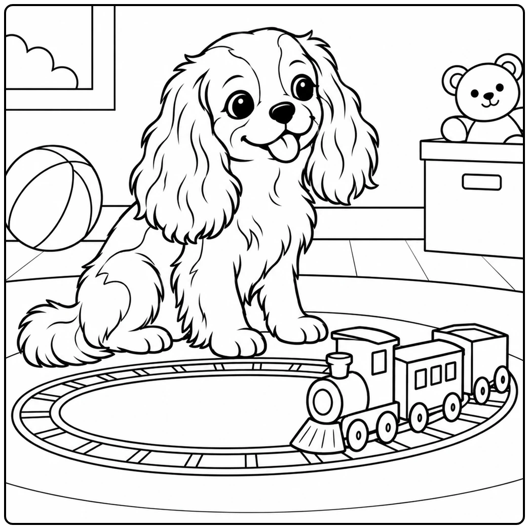 Cavalier King Charles Spaniel watches a toy train circle the track in a cozy playroom