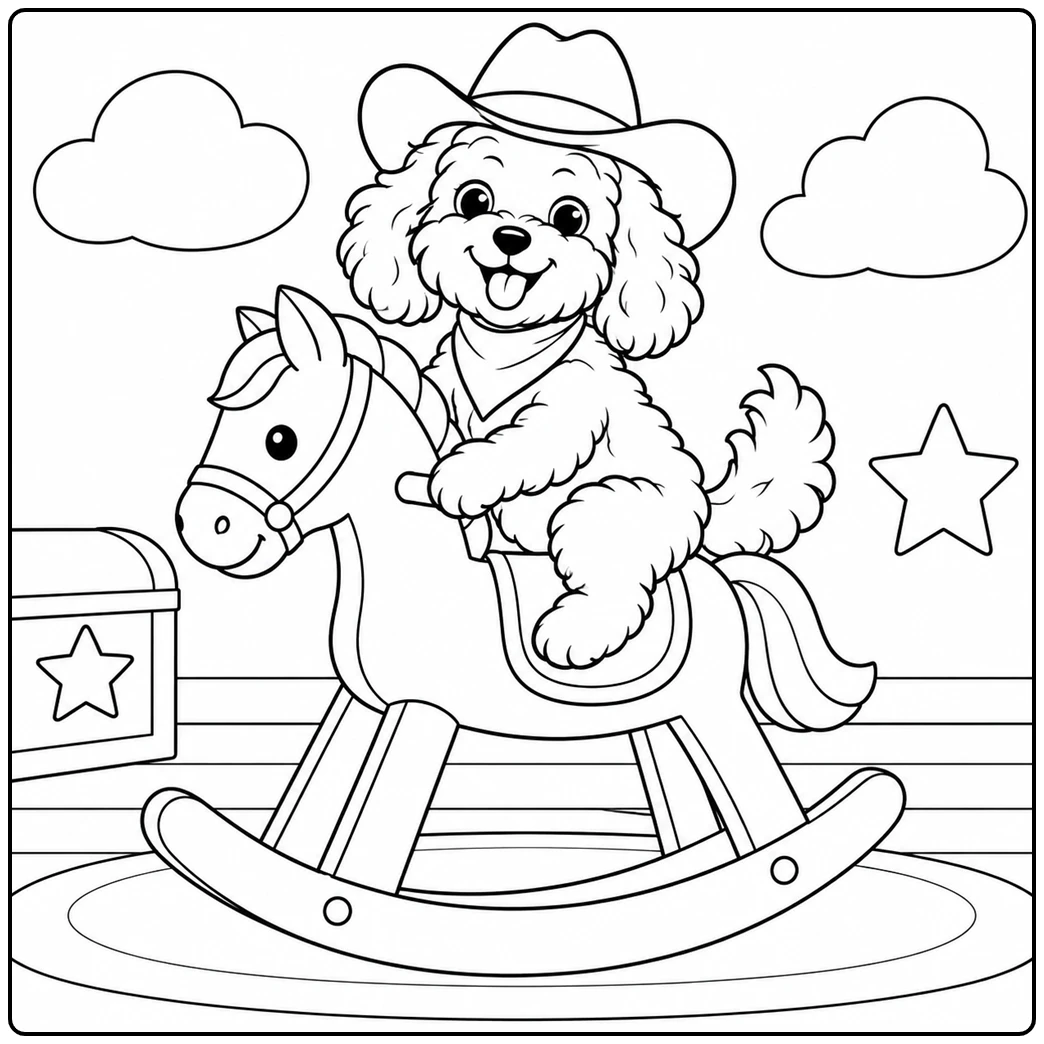 Cavapoo dressed as a cowboy rides a wooden rocking horse beneath large clouds