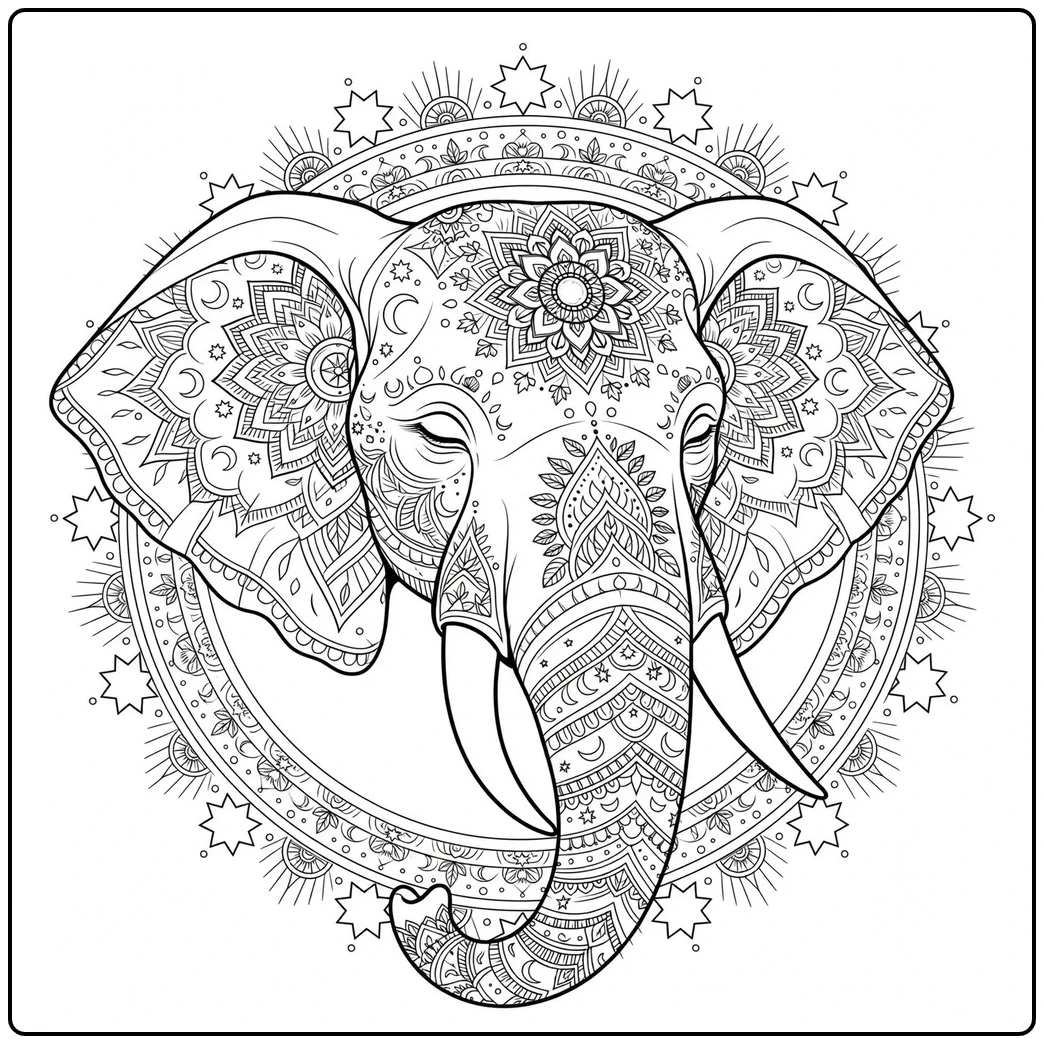 Ornate elephant coloring page with a detailed mandala head, stars, moons, and floral motifs