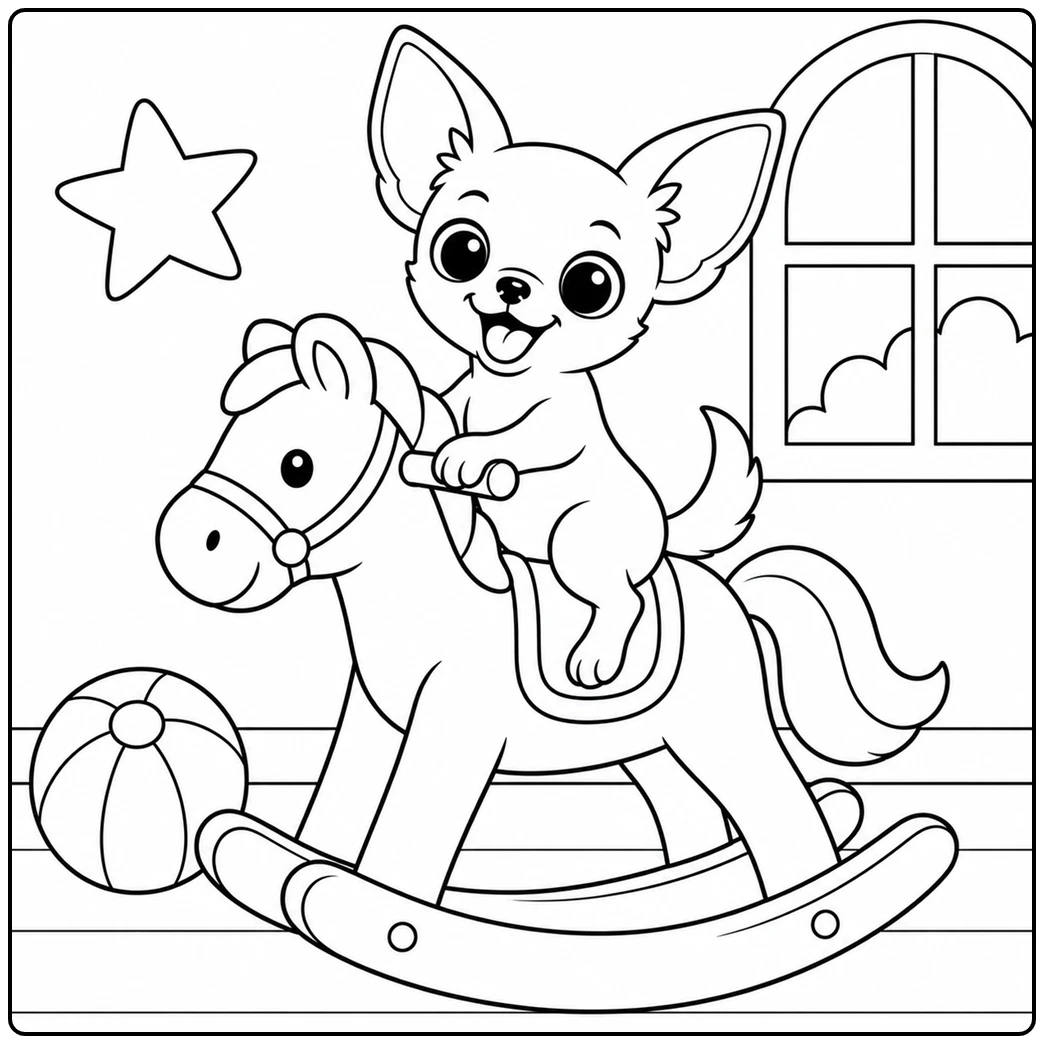 Chihuahua rides a rocking horse beside a beach ball and large window in a playroom