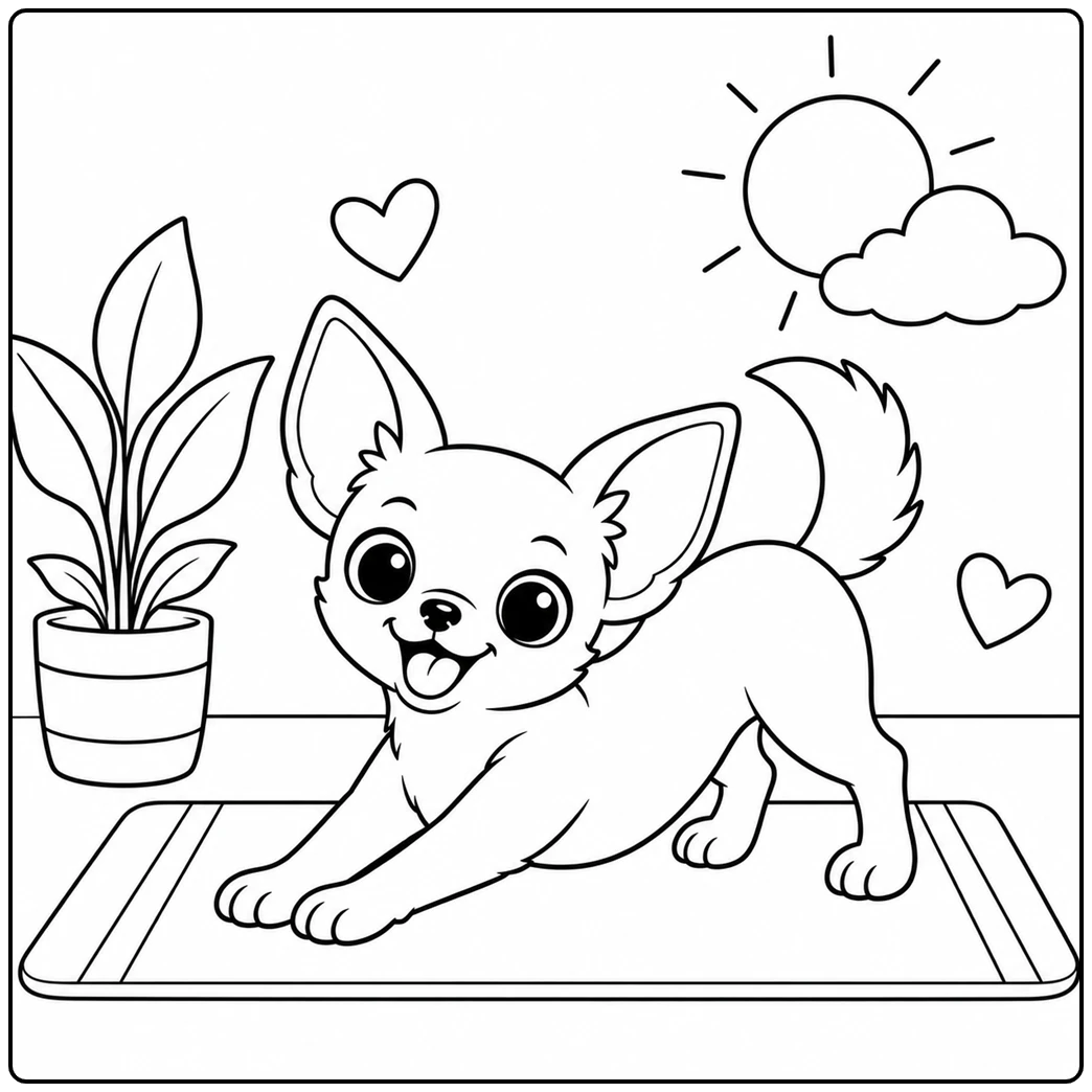 Chihuahua stretches forward on a yoga mat beside a potted plant, hearts, and sunny sky