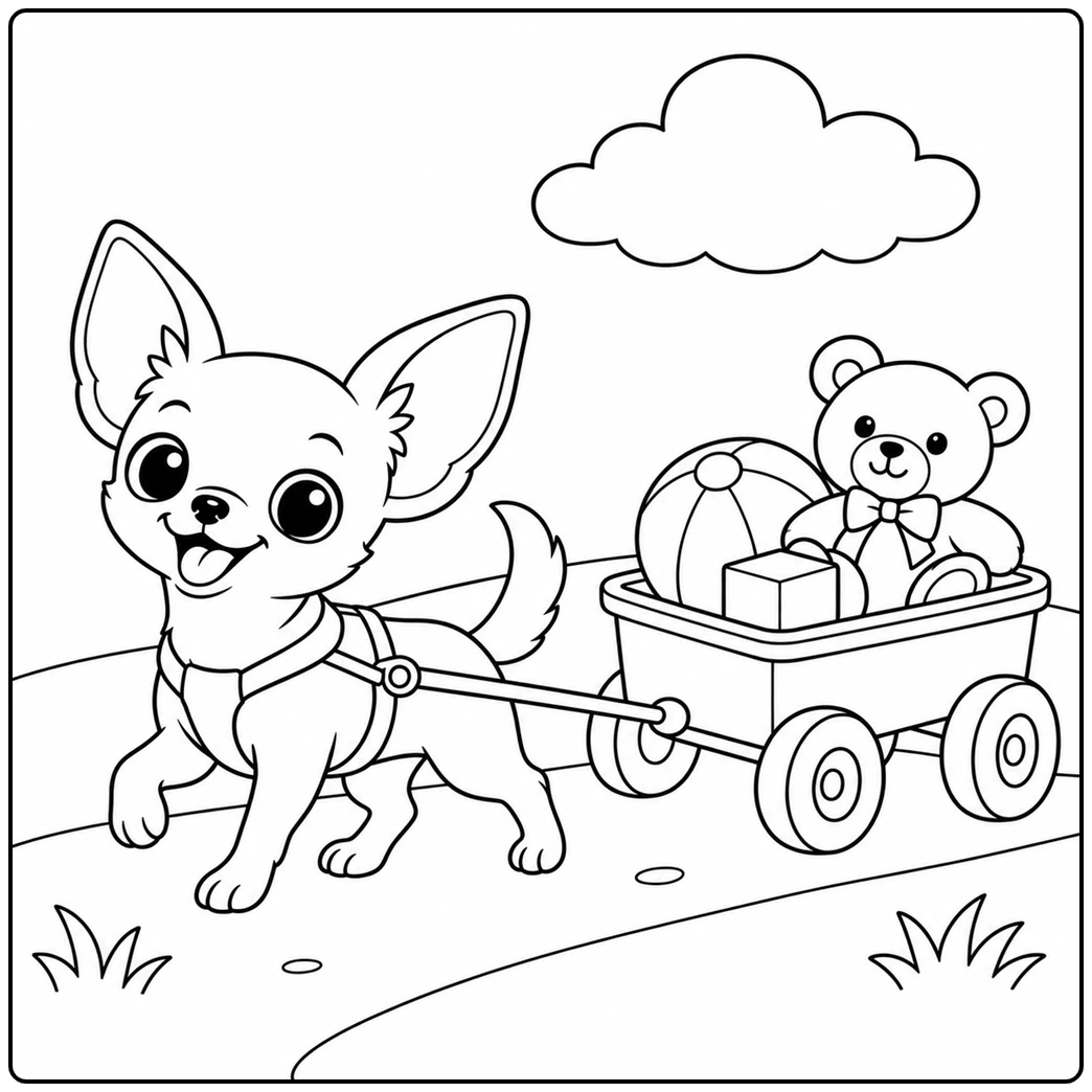 Chihuahua pulls a toy wagon filled with a teddy bear, ball, and block along a path