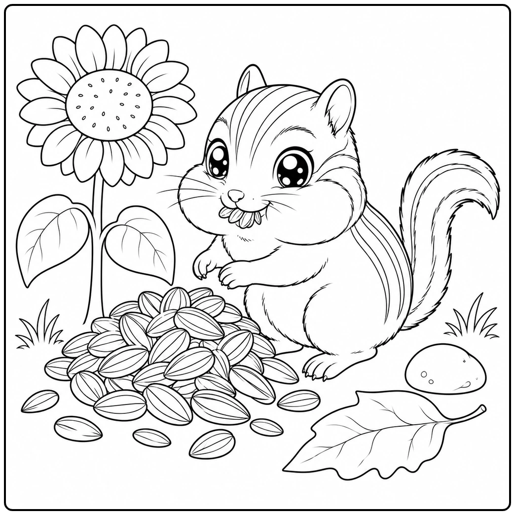Wide-eyed chipmunk beside a sunflower and a large pile of seeds on the forest floor