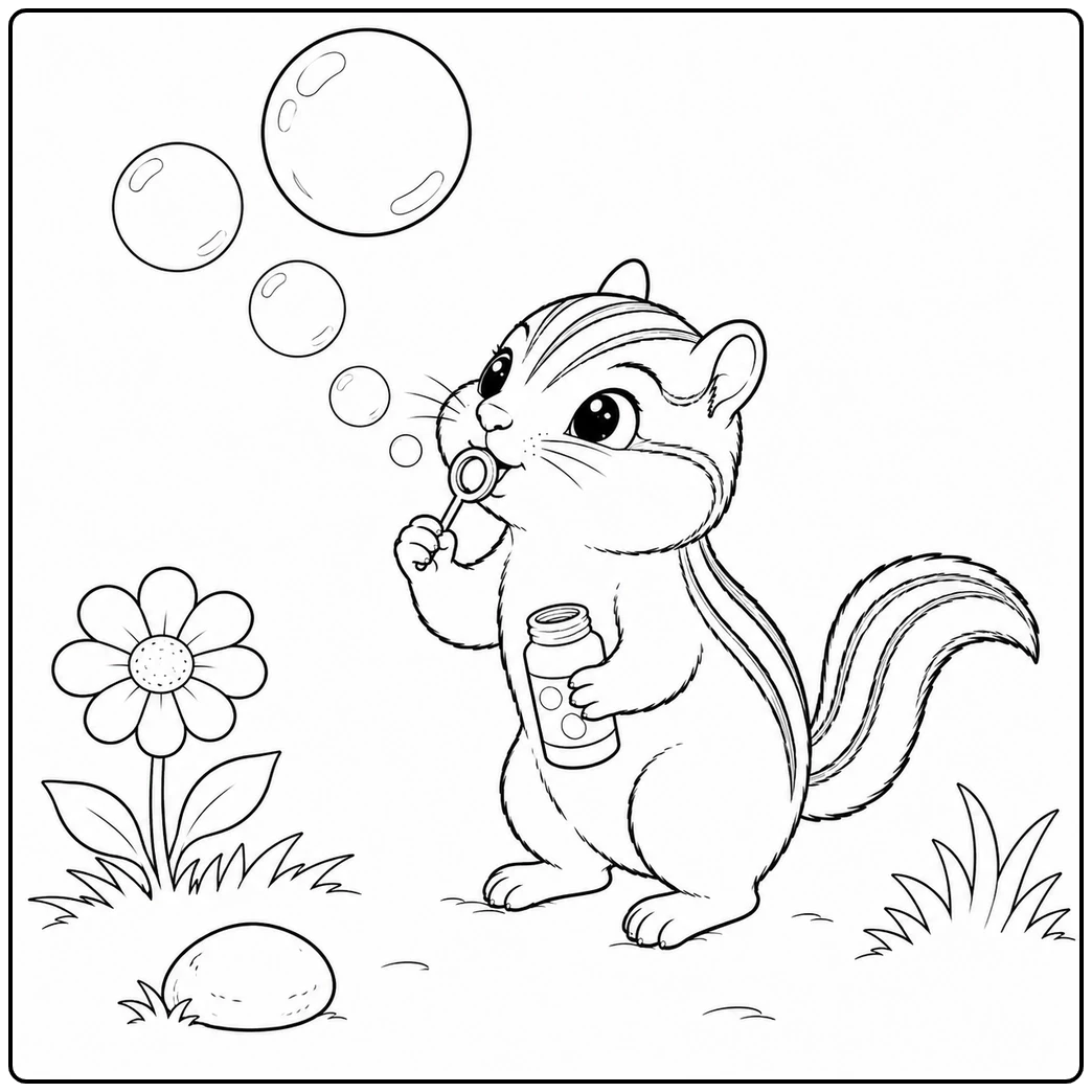 Bubble-blowing scene on a cute chipmunk coloring page with a flower and grass