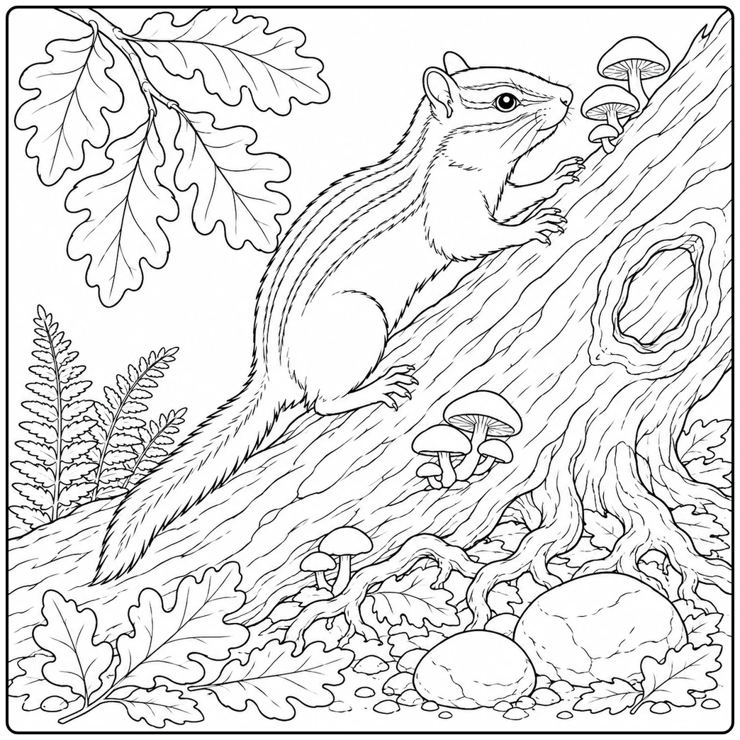 Striped chipmunk climbing a fallen tree trunk among oak leaves, mushrooms, and ferns
