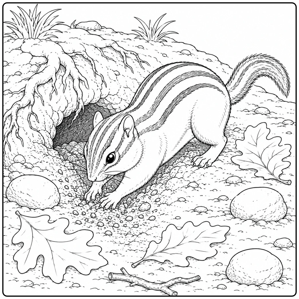 Digging chipmunk beside a burrow entrance on a realistic chipmunk coloring page