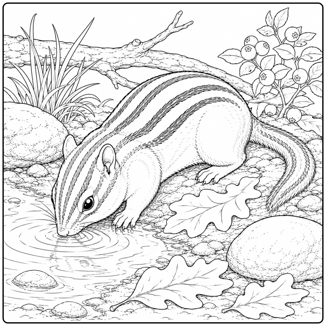 Large striped chipmunk drinking from a shallow stream near rocks, leaves, and berries