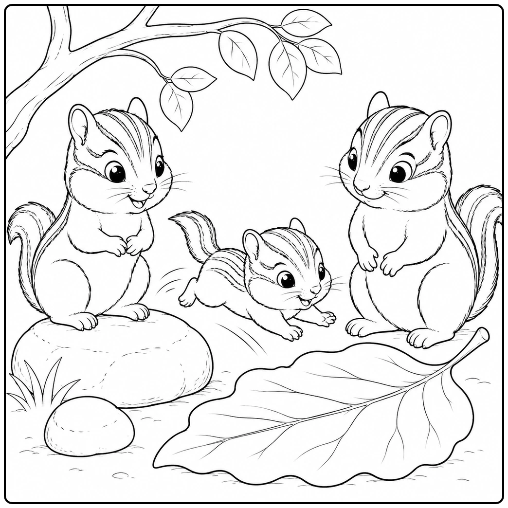 Three-chipmunk family watching their youngster scamper between two adults
