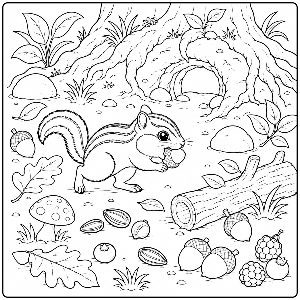 Natural chipmunk foraging across a woodland floor with mushrooms, logs, nuts, and a burrow