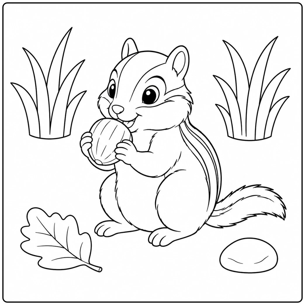 Chipmunk holding a large seed between grass clumps on a simple chipmunk coloring page