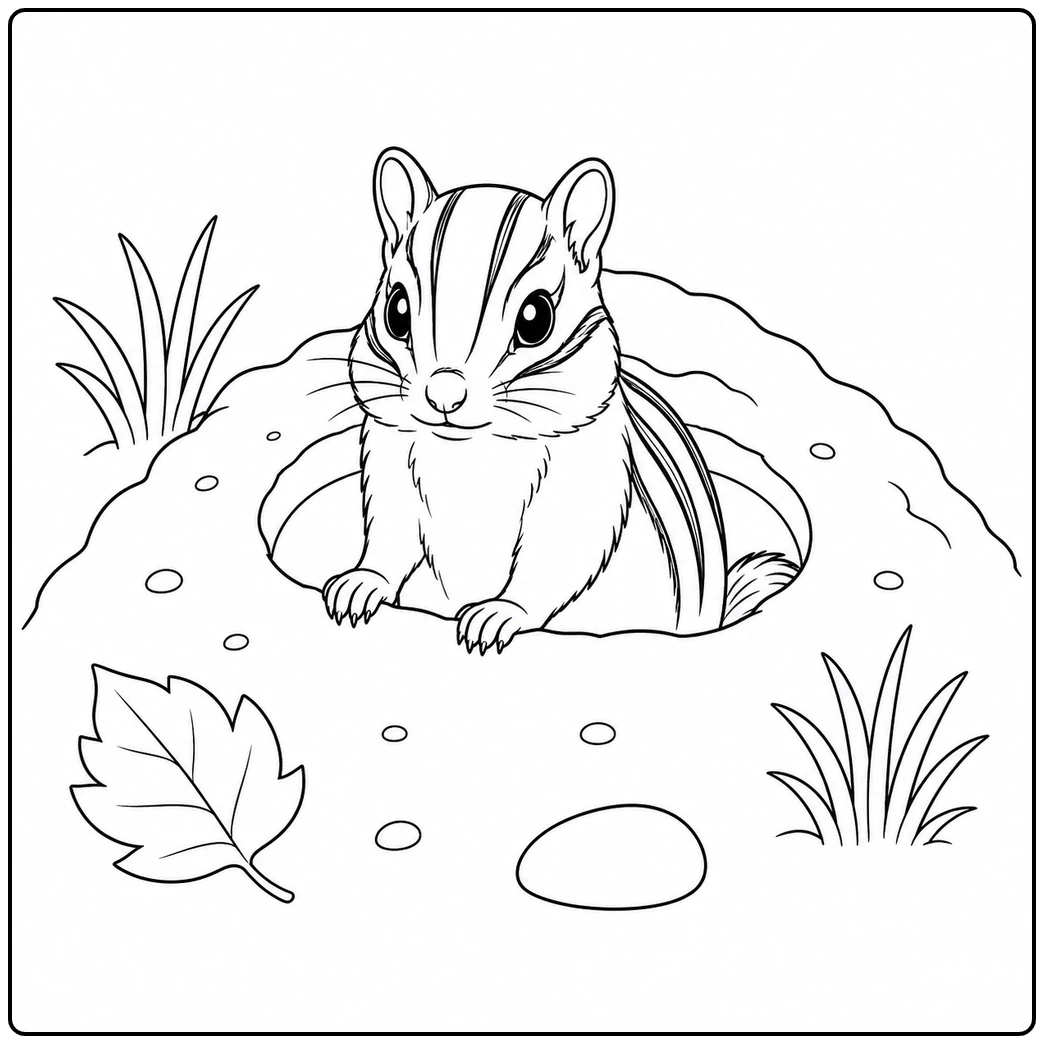 Striped chipmunk peeking from a burrow mound beside a leaf, grass, and smooth stone