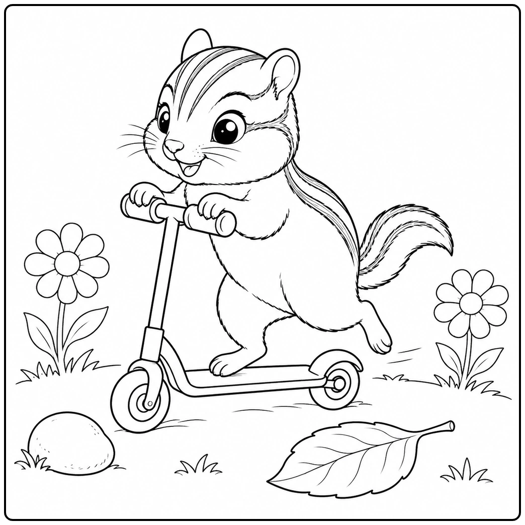 Big-eyed chipmunk riding a small scooter between flowers, grass, a leaf, and a rock