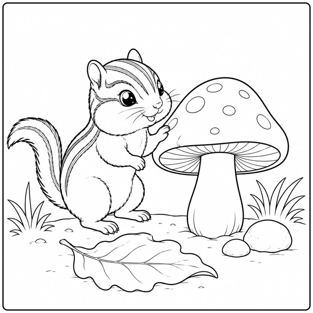 Chipmunk standing beside a giant mushroom in a simple chipmunk coloring page