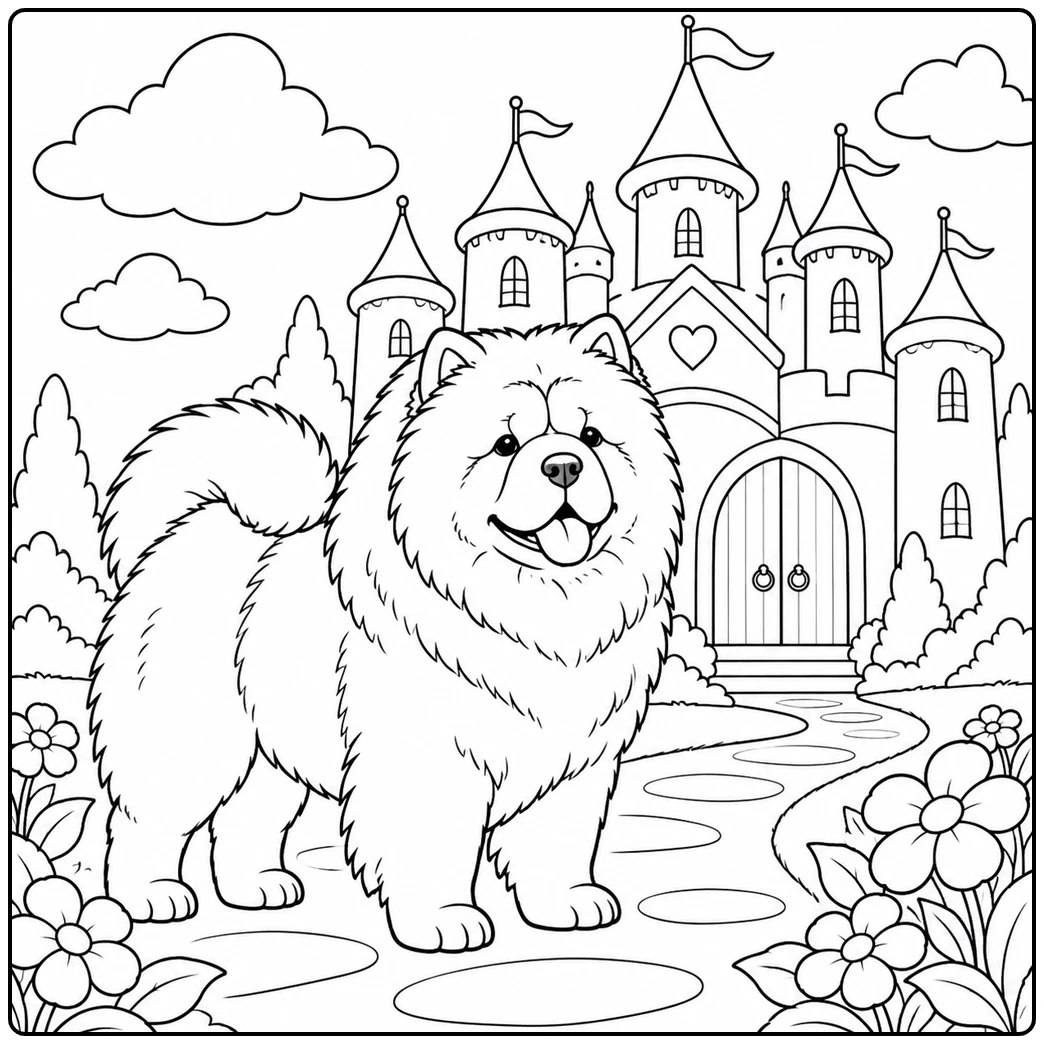 Fluffy Chow Chow stands on a flower-lined path before a tall fairy-tale castle