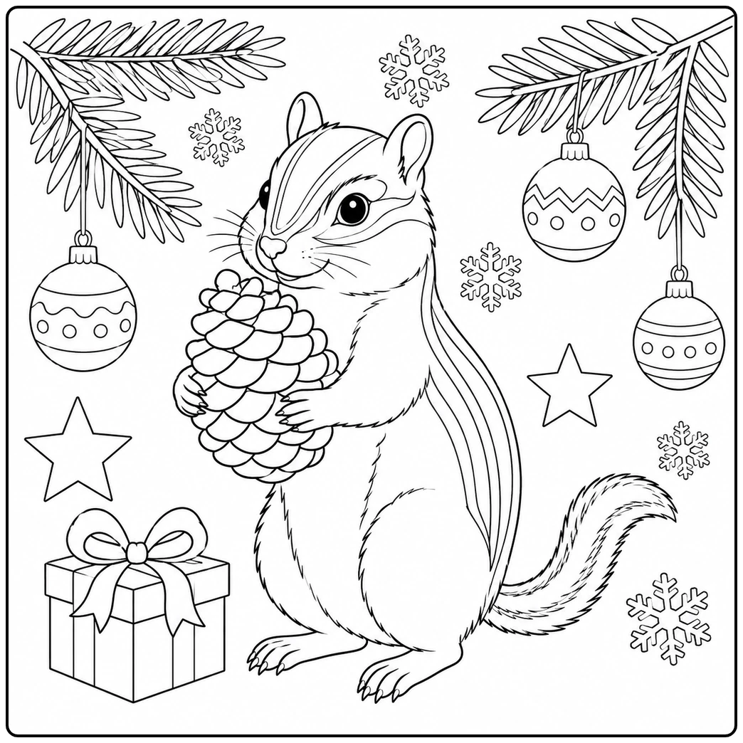 Christmas chipmunk holding a pine cone beneath ornaments, stars, and evergreen branches