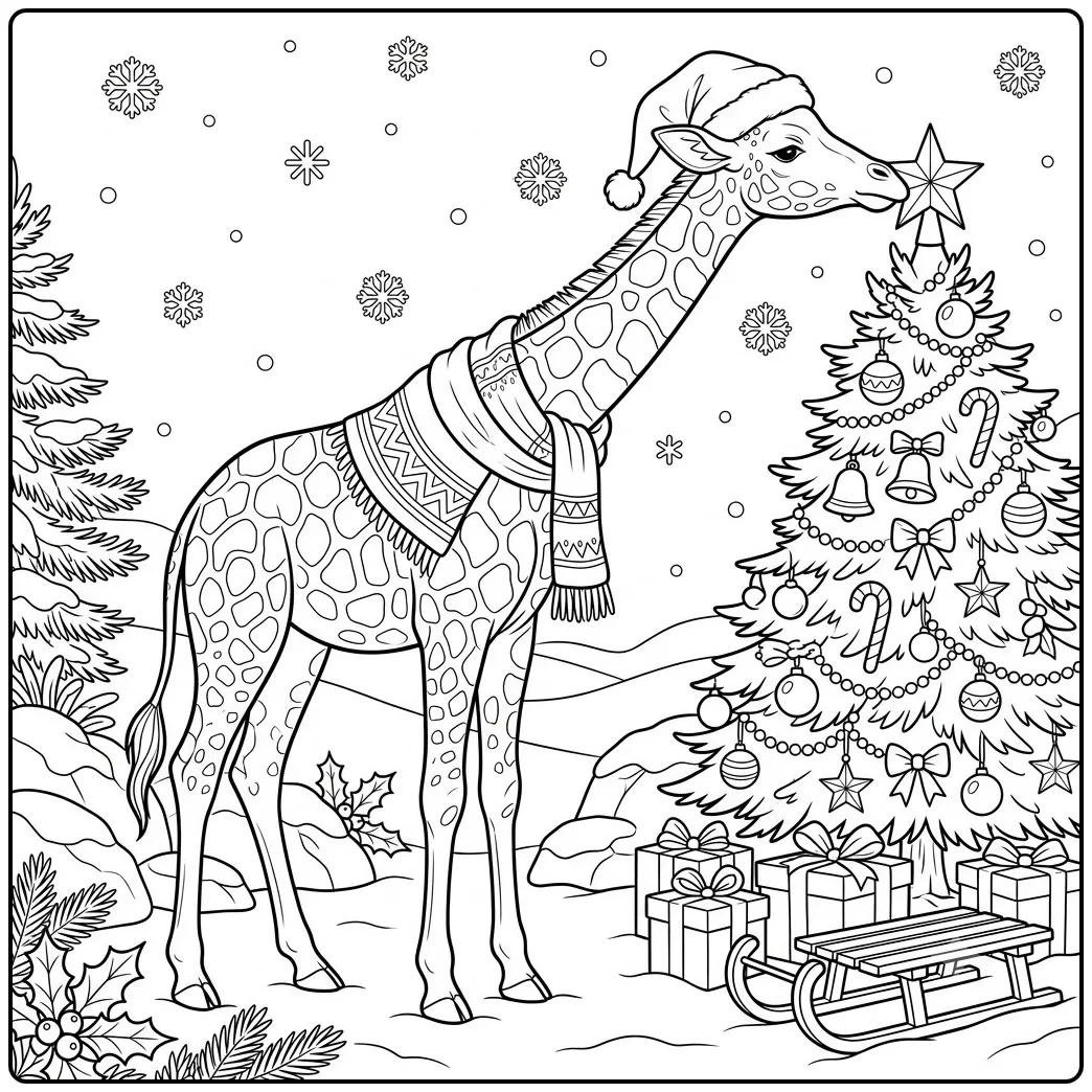 Christmas giraffe coloring page with Santa hat, decorated tree, gifts, and sled