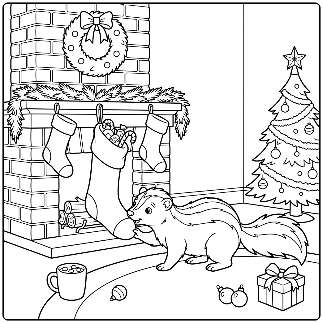 Christmas skunk stands by a fireplace with stockings, gifts, and a decorated tree