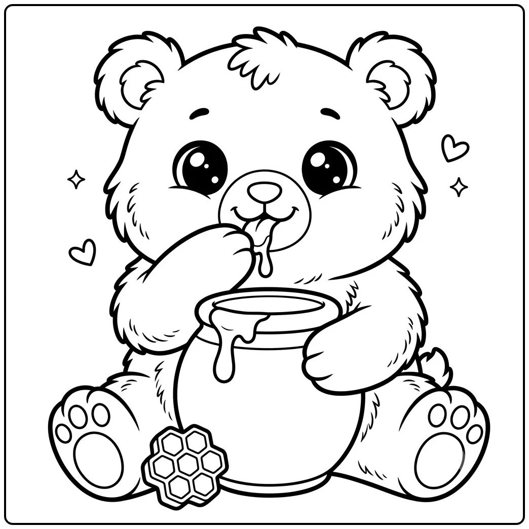 Chubby honey bear tastes honey beside a large pot in cute and kawaii bear coloring pages.