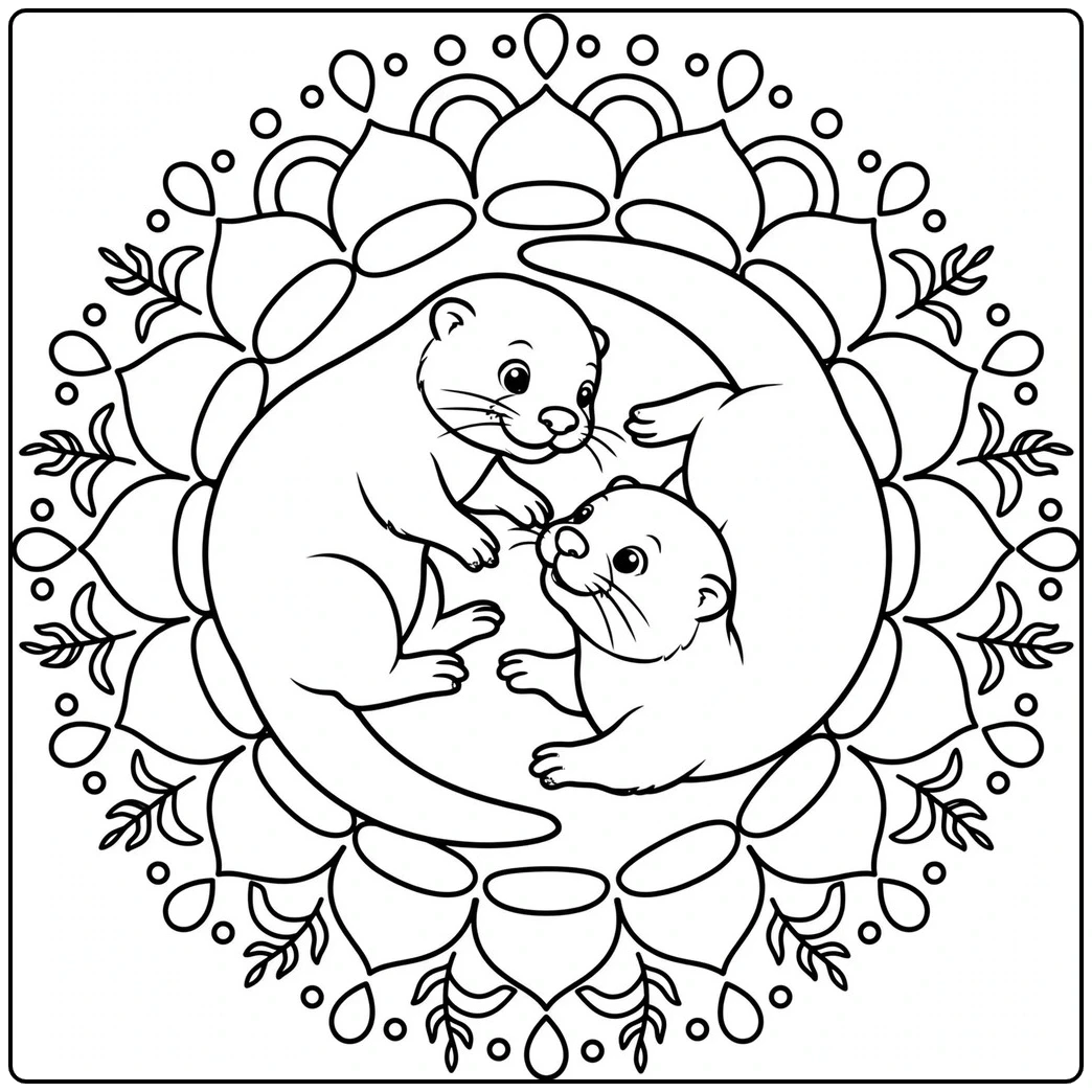 Two otters curl toward each other inside a circular floral mandala pattern.